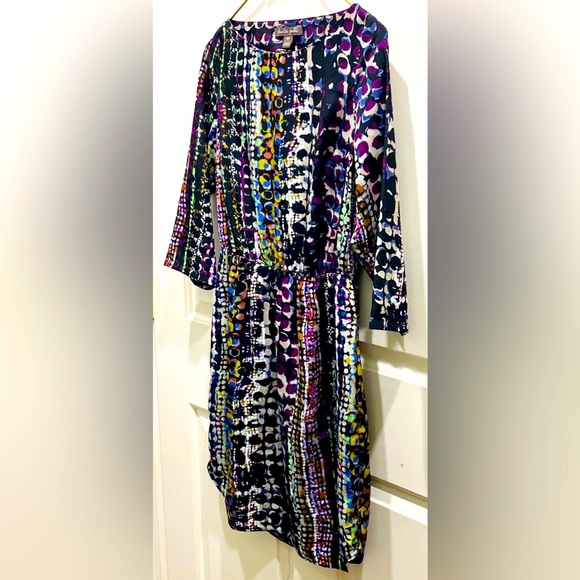 Charlie Jade Multicolor Abstract Boatneck 3/4 Sleeve Elastic Waist Lined Dress S - Picture 6 of 11